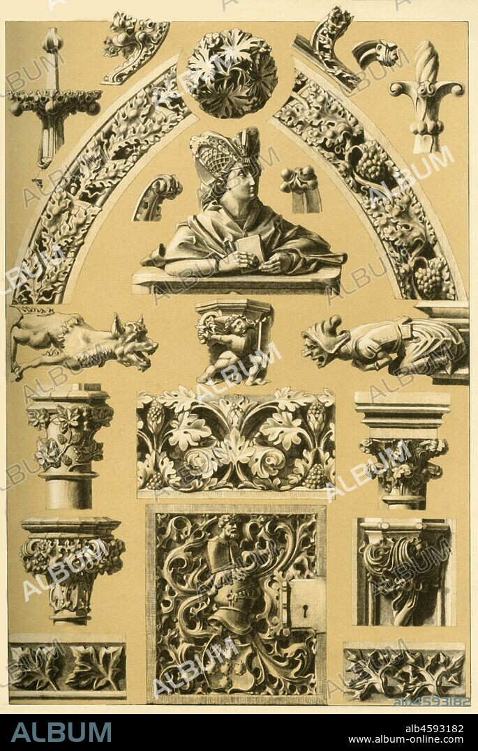 Medieval architectural ornament and sculpture, (1898). 'Fig 1: Carved figure from the stalls of the Minster at Ulm. Fig 2: Projecting bracket of a seat-flap (Misericordia) of the same stalls. Fig 3: Key-stone-decoration from the cathedral at Naumburg. Fig 4: Projecting bracket of a capital from the church at Gelnhausen. Fig 5: Projecting bracket of a capital of French origin. Fig 6: Finial from Notre-dame at Paris. Fig 7: Knob of a finial ibid. Fig 8: Finial from the tabernacle of the former hospital-church at Esslingen. Fig 9: Crocket from Nuremberg. Fig 10: Crocket from Cologne Cathedral. Figs 11 and 12: Hollow-decoration ibid. Figs 13 and 14: Water-spout ibid. Fig 15: Capital of French origin. Fig 16: Capital from the cloister of the church at Wimpfen-im-Thal. Fig 17: Capital from the bell-hall of the 'Frauenkirche' at Esslingen. Fig 18: Capital from the font in the 'Marienkirche' at Reutlingen. Fig 19: Cornice-decoration on the cathedral of Troyes. Fig 20: Carved and pierced panel of a little shrine-door of French origin. Fig 21: Hollow-decoration from the church at Wimpfen-im-Thal. Fig 22: Hollow-decoration from Nuremberg'. Plate 41 from "The Historic Styles of Ornament" translated from the German of H. Dolmetsch. [B.T. Batford, London, 1898].