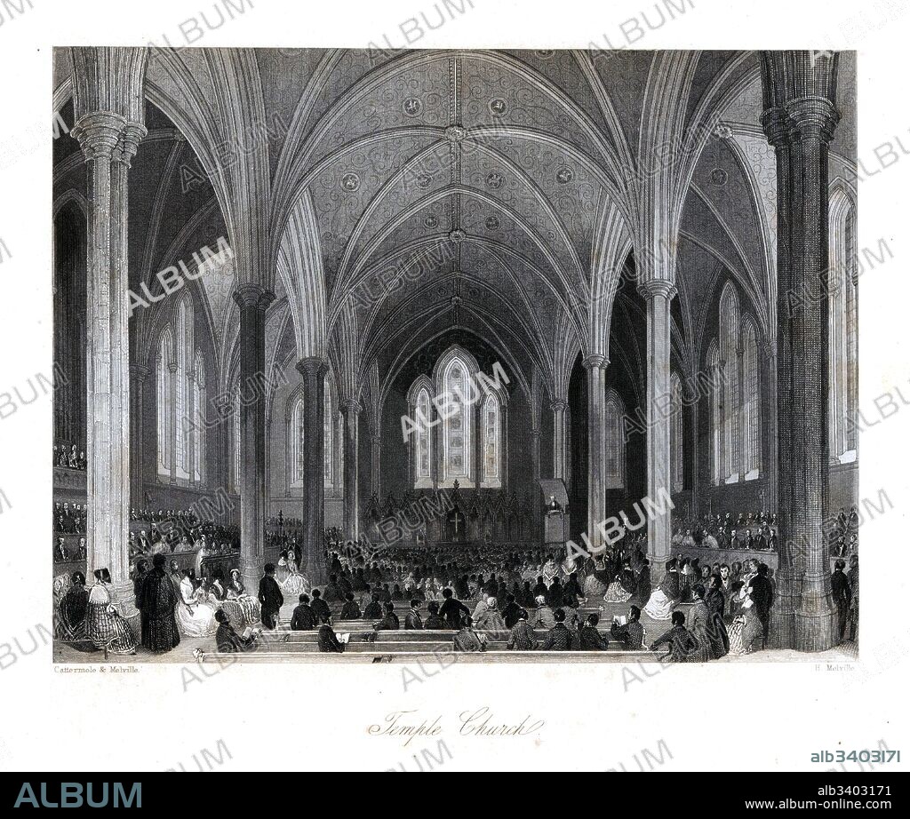 Vaulted ceiling and stained-glass windows in Temple Church. Steel engraving by Henry Melville after an illustration by George Cattermole and Henry Melville from London Interiors, Their Costumes and Ceremonies, Joshua Mead, London, 1841.