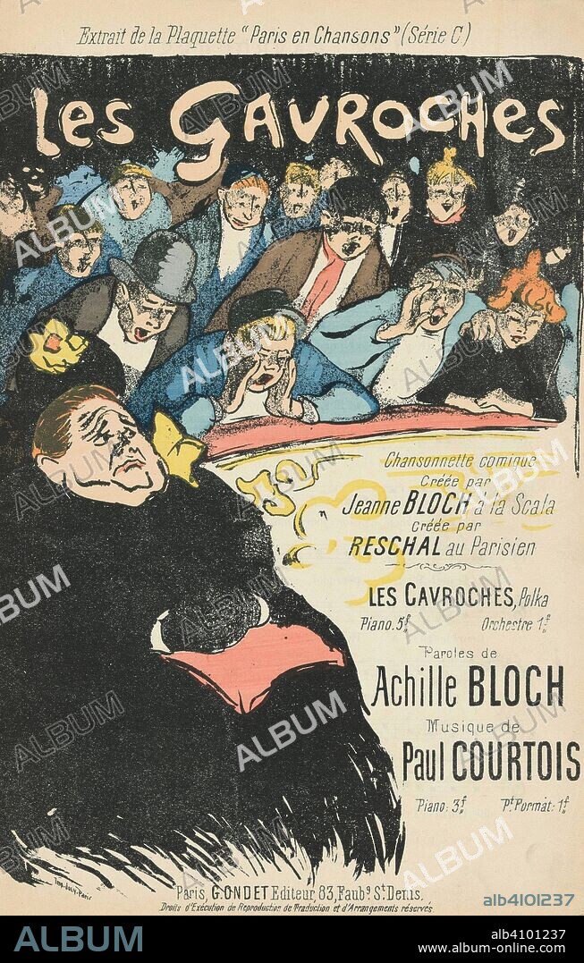 Sheet music Les gavroches by Achille Bloch and Paul Courtois, performed by Jeanne Bloch and Reschal. Dimensions: 27.3 cm x 17.6 cm.
