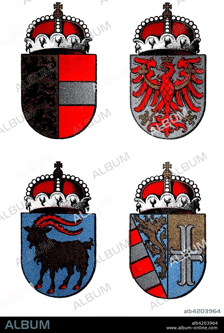 1890, coat of arms of the Austria - Hungary Crownlands: Carinthia, Tyrol, Istria, Princely County of Gorizia and Gradisca, digital improved reproduction of an original print from the 19th century.
