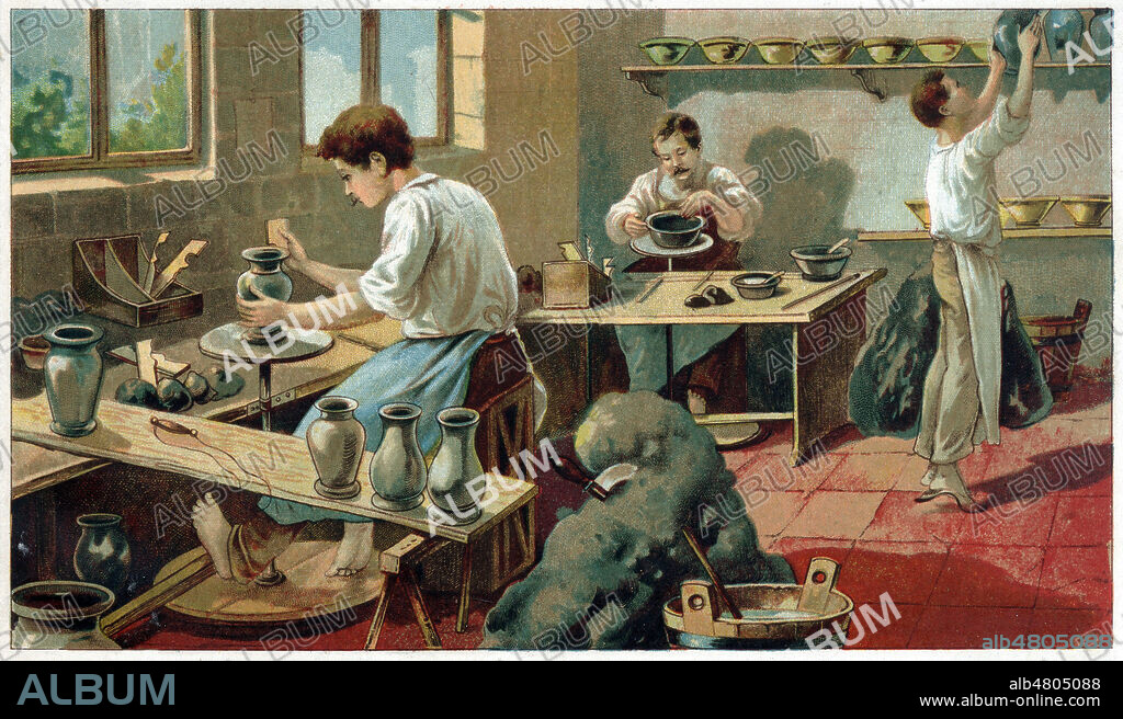 Artisans potiers. Illustration anonyme pour Livre d'images destine a l'enseignement elementaire par intuition a l'usage des familles et des ecoles enfantines par J. STAUB vers 1880. Credit : Coll. Jonas/KHARBINE-TAPABOR.