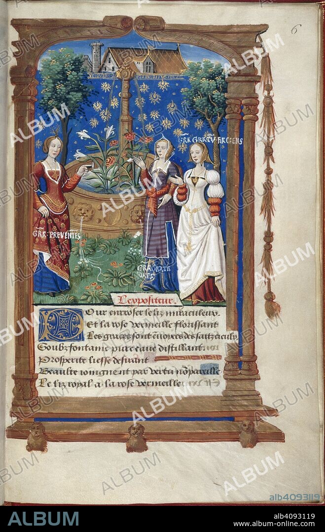 Pageant at Fontaine du Ponceau. From a manuscript on the subject of the marriage of Mary Tudor to Louis XII of France. Pageants for the marriage of Mary Tudor, sister of. France (Paris); 1514. (Whole folio) Pageant at the Fontaine du Ponceau. Three maids called Graces, representing virtues, stand by a fountain which contains the lilies of France and the roses of England. Royal wedding. Source: Cotton Vespasian B. II, f.6. Language: French.