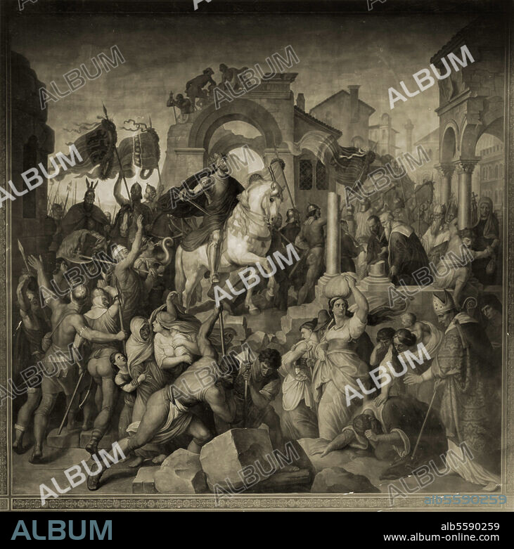 Friedrich I. Barbarossa röm.-dt. Kaiser. 1122-1190. "Einzug Barbarossas in Mailand". (2. Italienzug; Mailand ergibt sich nach Belagerung vom 5.8. bis 7.9.1158). Enkaustik-Malerei, 1835/42, von Julius Schnorr von Carolsfeld (1794-1872). München, Residenz (Barbarossa-Saal im Festsaalbau).
