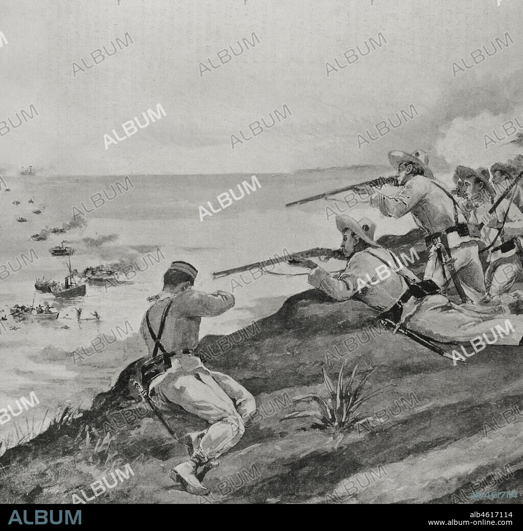 Guerra hispano-estadounidense. Conflicto bélico entre España y Estados Unidos en 1898, resultado de la intervención norteamericana en la guerra de independencia cubana. Soldados españoles rechazando el desembarco de las tropas norteamericanas en la costa de Cienfuegos (Cuba). Dibujo de M. Alcázar. Fotograbado por Laporta. Detalle. La Ilustración Española y Americana, 22 de mayo de 1898.