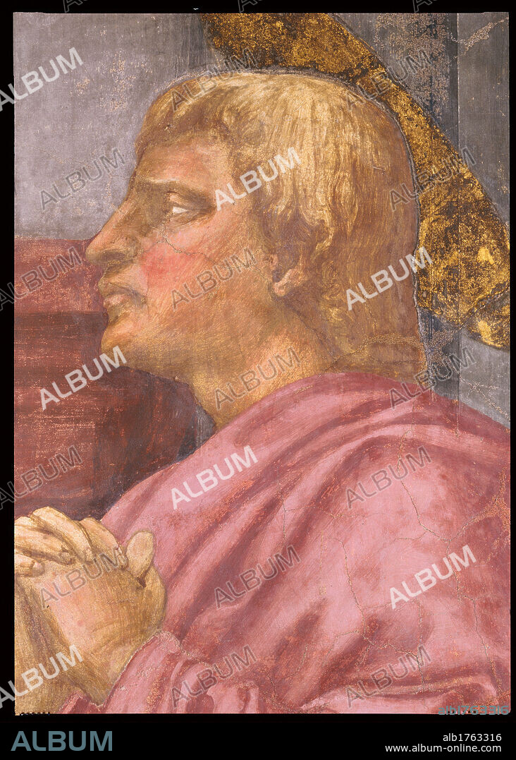 The Trinity, by Tommaso di Ser Giovanni Cassai known as Masaccio, 1426-1428, 15th Century, fresco, cm 667 x 317. Italy, Tuscany, Florence, Santa Maria Novella Basilica. Detail of the face of St John the Evangelist in profile, at the foot of the Cross. After the restoration.