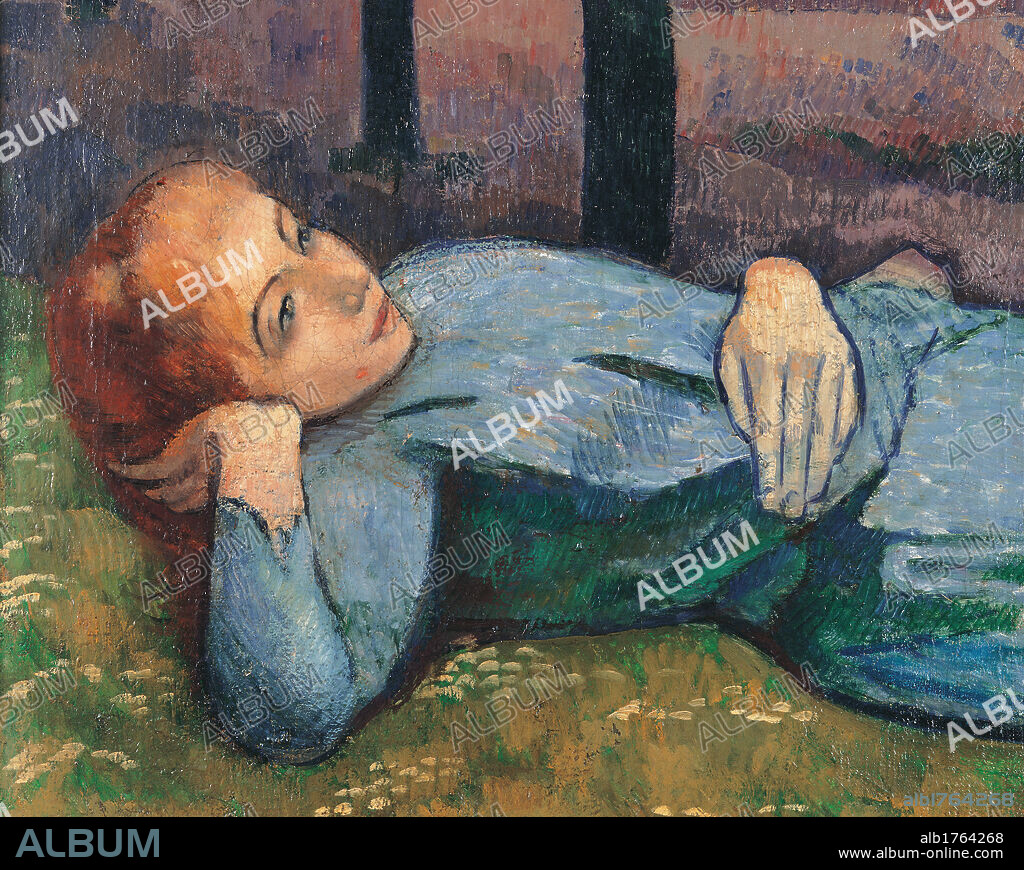 Madeleine in the Bois dAmour, by Emile Bernard, 1888, 19th Century, oil on canvas, cm 137 x 164. France, Ile de France, Paris, Muse dOrsay, R.F. 1977-8. Detail. Madeleine in the Bois dAmour green light blue azure brown meadow.