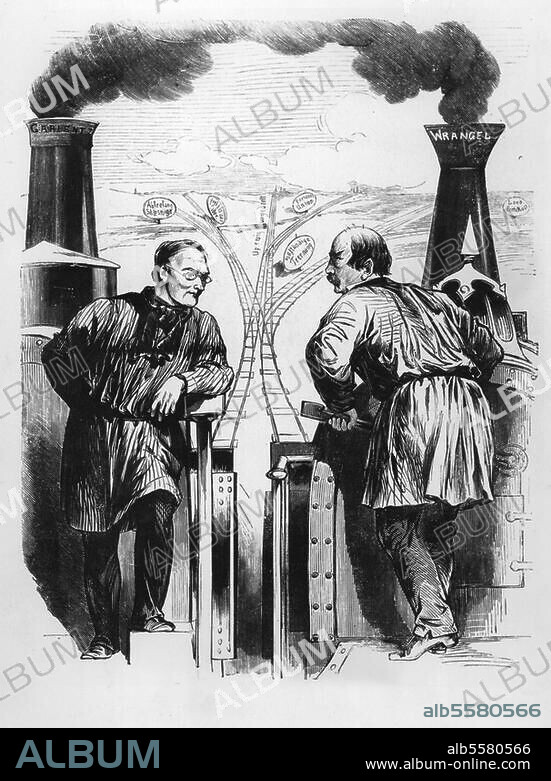 Bismarck, Otto von; Staatsmann; 1815-98. "Am Kreuzwege. Conducteur Rechberger. Achtung Kollege, daß wir nicht auseinander kommen! Jetzt kommen wir an eine gefährliche Stelle.". (Karikatur auf den Krieg Österreichs und Preußens gegen Dänemark um Schleswig-Holstein). Holzst. Aus: Kladderadatsch, 27.3.1864.
