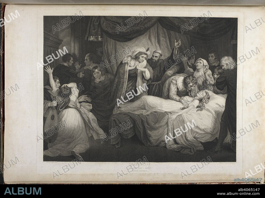 WILLIAM SHAKESPEARE and JOHN OPIE. Romeo and Juliet act IV scene V- Juliet on her bed; Friar Lawrence, Capuluet, Lady Capulet, Paris, Friar, Nurse, Musicians, & c. in attendance. A Collection of Prints, from pictures painted for the purpose of illustrating the Dramatic Works of Shakspeare, by the Artists of Great Britain. London : J. & J. Boydell, 1803. Source: Tab.599.c vol. II, plate XLII. Language: English.
