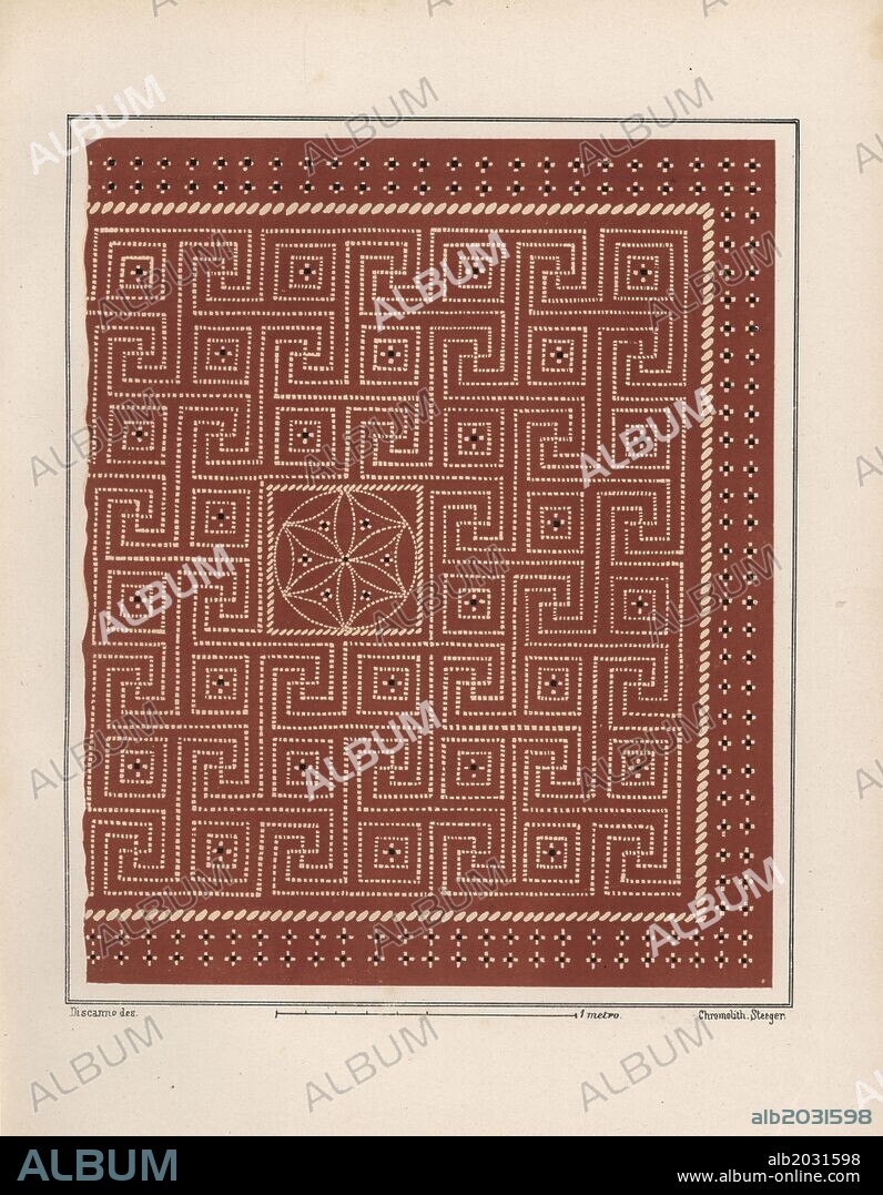 Floor mosaic from the House of Epigrams, Regio V, Insula 1, 18. Illustration drawn by Discanno and lithographed by Victor Steeger from Emil Presuhn's "Pompeji. Die Neuesten Ausgrabungen von 1874-1881," Weigel, Leipzig, 1882. German archeologist Presuhn (1844-1881) lived in Italy for eight years and, with Mr. Discanno and Miss Amy Butts, made exact copies of many wall paintings that are now lost.