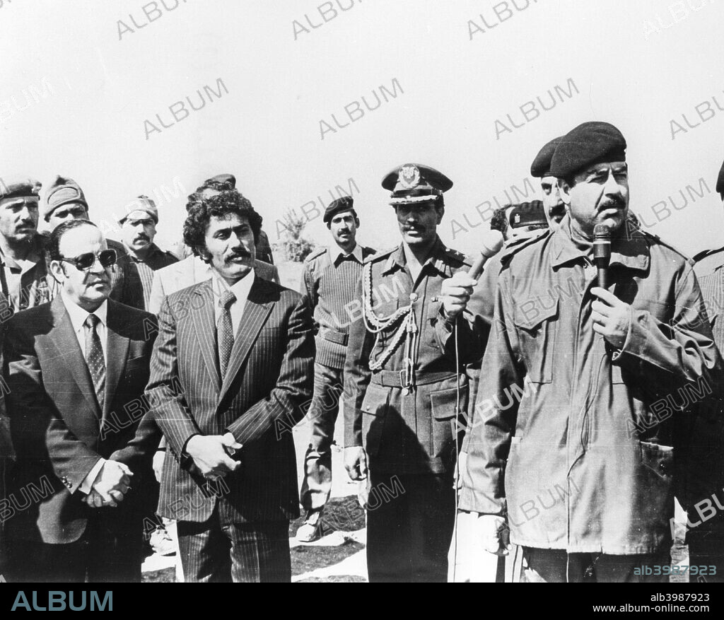 Saddam Hussein giving a speech, Iraq, 1986. Maybe during the visit of Ali Abdullah Saleh?.