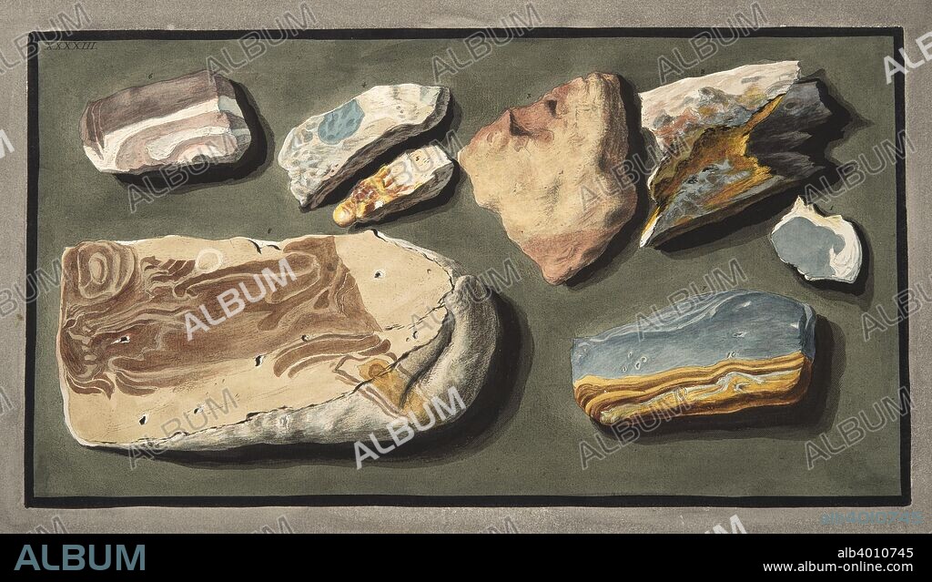 Specimens of a curious volcanic matter taken from a hollow road leading from Pisciarelli to the Solfaterra, Plate XXXXIII,  from 'Campi Phlegraei: Observations on the Volcanoes of the Two Sicilies', by Sir William Hamilton (1730-1803), published 1776 (hand coloured engraving).