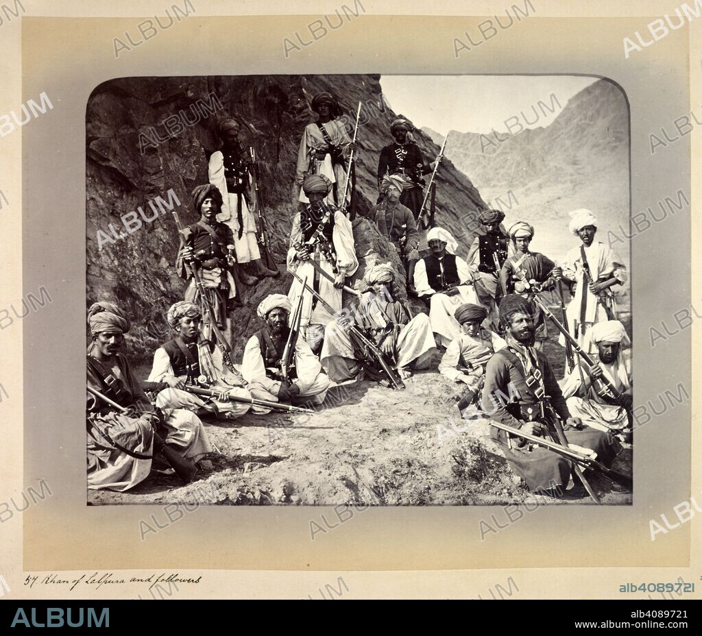 JOHN BURKE. Khan of Lalpura and followers. 1878. Robert Warburton (1842-1899), posed in the centre of a group of Afghan warriors.  Originally published/produced in 1878. . Source: OIOC Photo 430/2(27),.