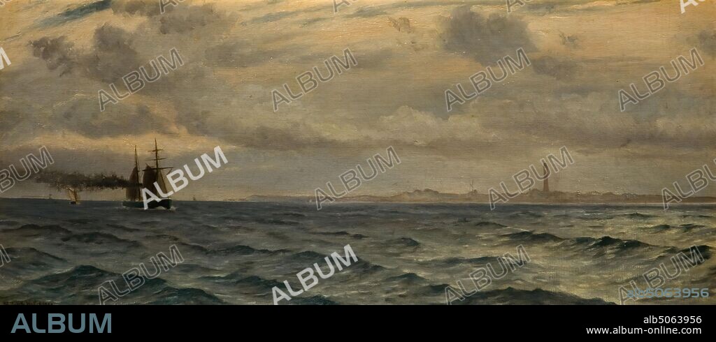 Off The Skagerrak, 1884 By Sir Whitworth Wallis, Whitworth Wallis was the first director of Birmingham Museum & Art Gallery, The Skagerrak is a strait between Norway, Sweden, and Denmark, connecting the North Sea and the Kattegat sea area, which leads to the Baltic Sea., Boat, Oil Painting, Cloud, Sea, Seascape, Marine art, Ship, Nautical, Maritime.