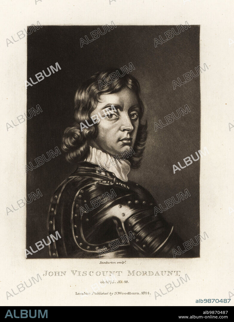 John Mordaunt, 1st Viscount Mordaunt, 1626-1675. English royalist conspirator for the Restoration of King Charles II. In parade armour and collar. Mezzotint engraving by Robert Dunkarton after Adriaen Hanneman from Richard Earlom and Charles Turner's Portraits of Characters Illustrious in British History Engraved in Mezzotinto, published by S. Woodburn, London, 1814.