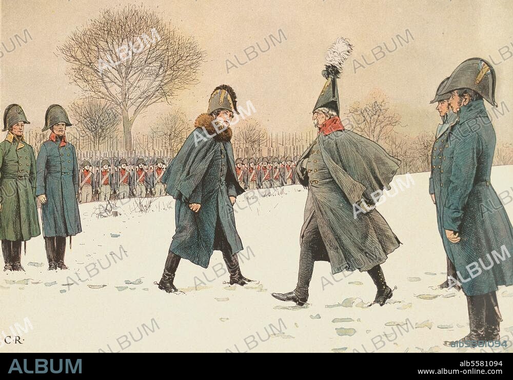 CARL ROECHLING. Blücher, Gebhard Leberecht, prince Prussian Gen. Field Marshal 1742-1819. "General Blücher is exchanged for the French Marshal Victoram on 20 February 1807". (Napoleonic Wars, Prussia's defeat). Chromotype after Carl Röchling (1855 -1920). From: Die Königin Luise in 50. Bildern, Berlin (Paul Kittel) 1896.