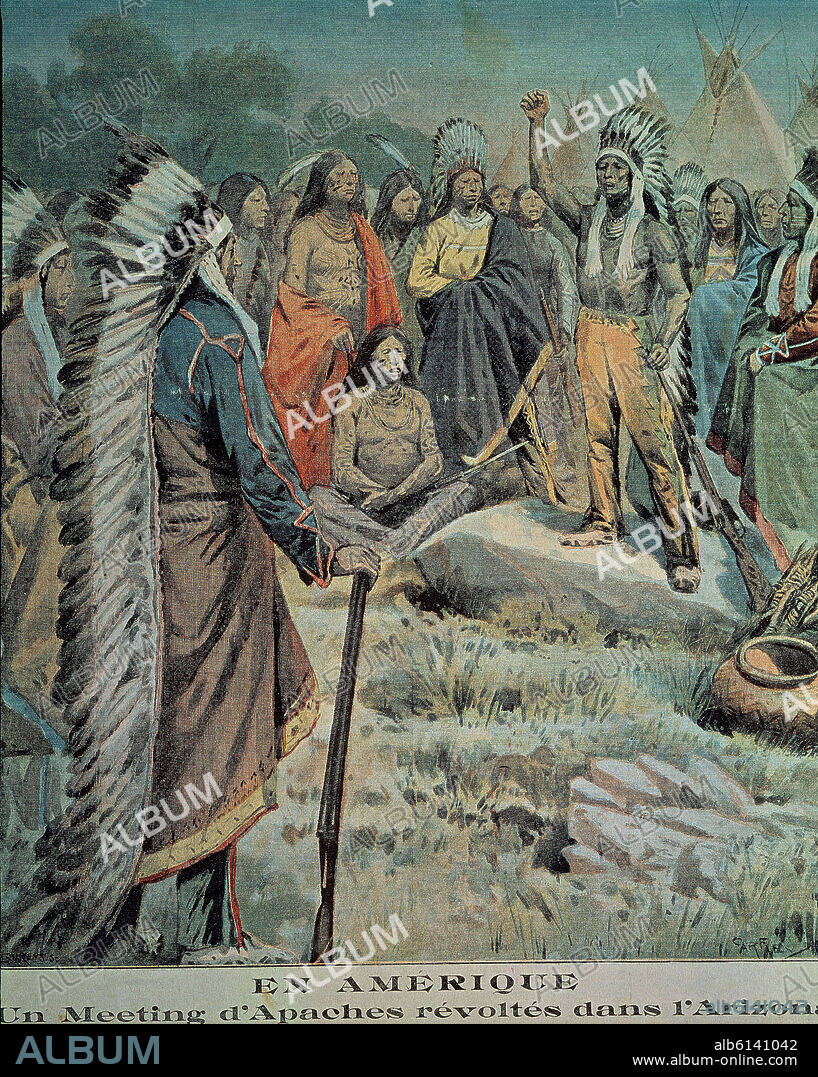 UN MITIN REVOLUCIONARIO DE APACHES EN ARIZONA (AMERICA) - GRABADO COLOREADO - SIGLO XX.