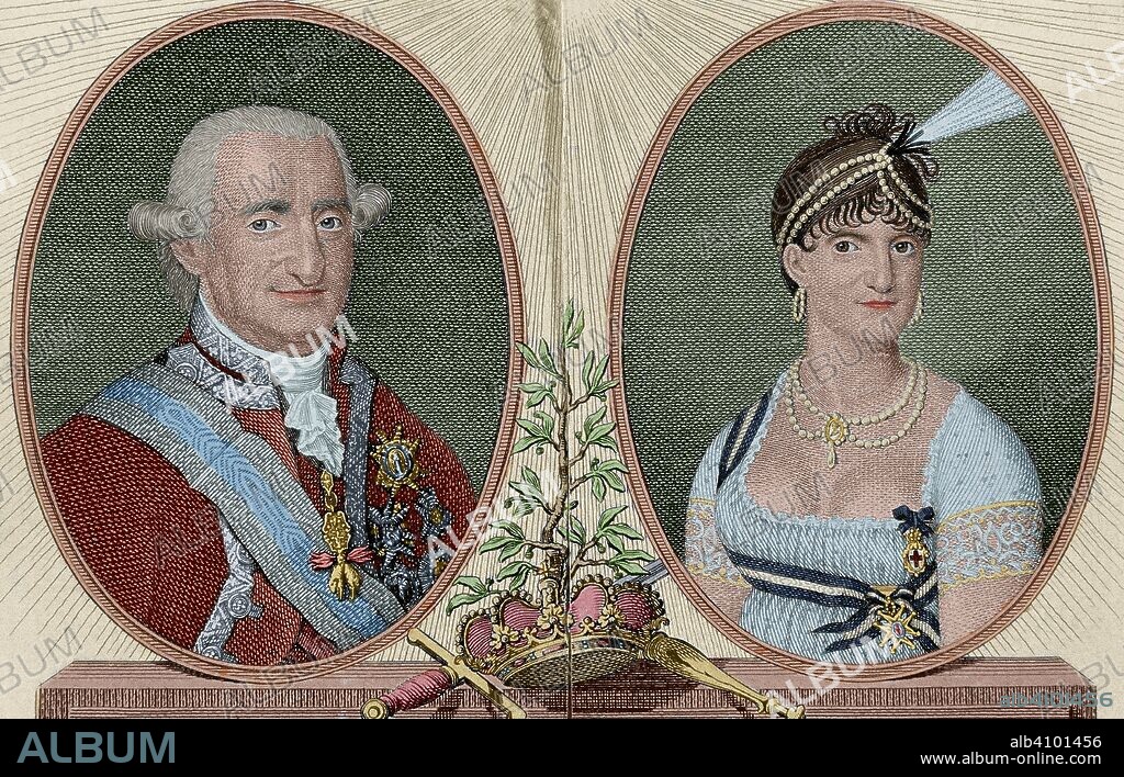 Carlos IV (Nápoles, 1748-Roma, 1819). Rey de España (1788-1808). Carlos IV y su esposa María Luisa. Grabado de Rafael Esteve, año 1806. Coloreado.