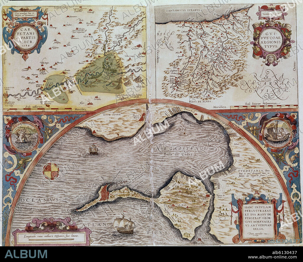 ABRAHAM ORTELIUS (1527-1598). MAPA DE LA BAHIA DE CADIZ GUIPUZCOA Y MADRID   1584.