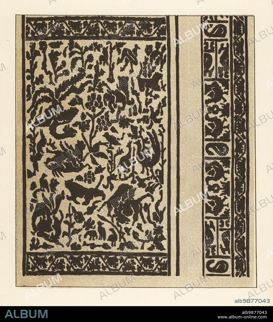 Kasha wool design by the French knitwear house Rodier, 1924. The pattern motif of animals and foliage from Rajouri, India. Tissu Rodier, 1924. Le motif kasha de Radjaori. Handcoloured pochoir lithograph by Marcel Bry from Raymonde Sees Le Costume de la Revolution a nos Jours, Editions de la Gazette des Beaux-Arts, Paris, 1929.