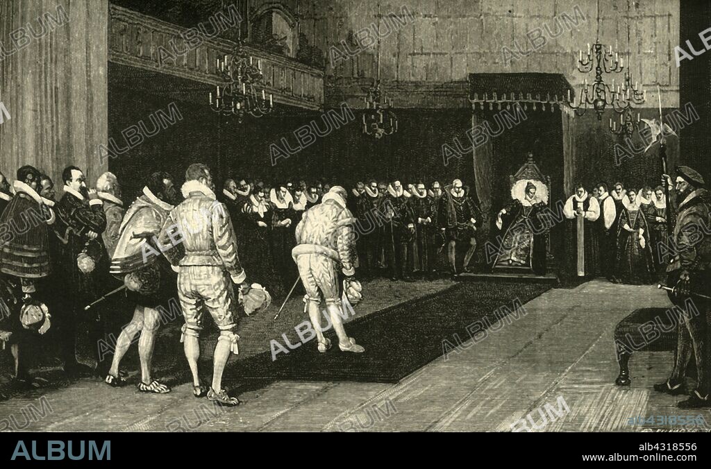 'Queen Elizabeth Receiving the French Ambassadors after the Massacre of St. Bartholomew', 1890. Sir Francis Walsingham, Elizabeth I of England's ambassador to France, barely escaped with his life following the 1592 St Bartholomew's Day massacre in Paris. From "Cassell's Illustrated Universal History, Vol. IV - Modern History", by Edmund Ollier. [Cassell and Company, Limited, London, Paris and Melbourne, 1890].