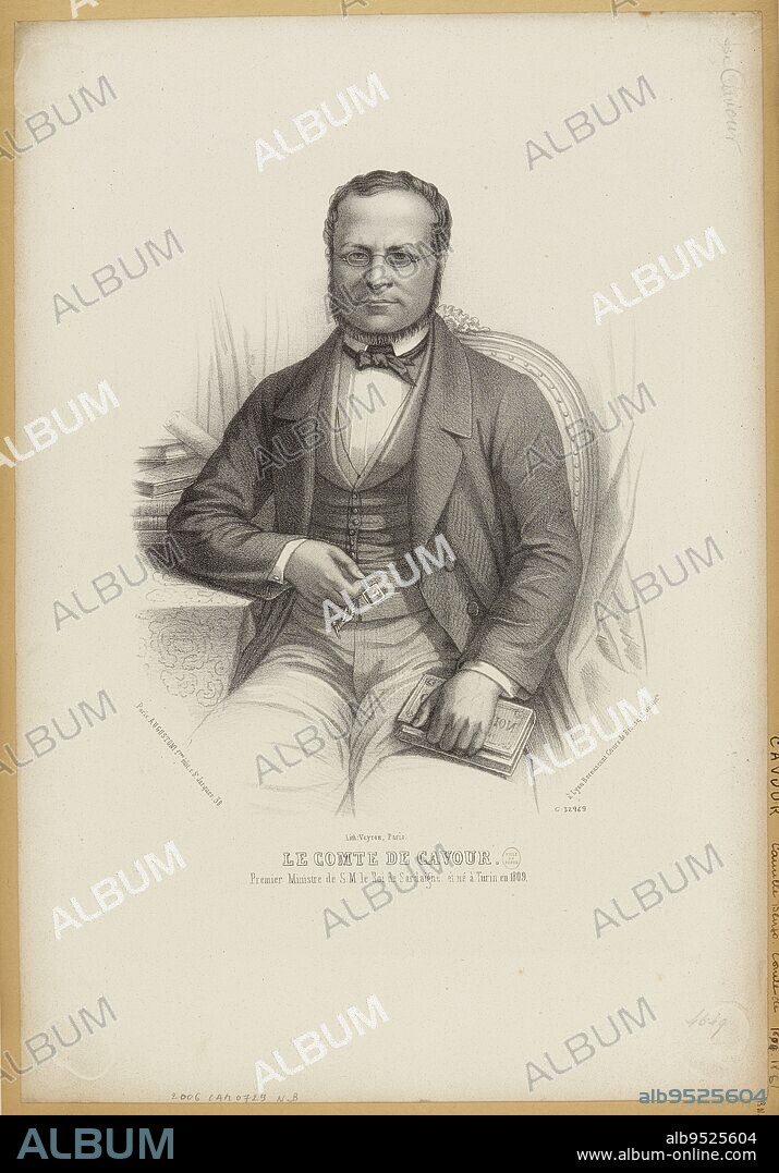 The Count of Cavour, Prime Minister of H.M. the King of Sardinia and born in Turin in 1809, Vayron, Draughtsman-Lithographer, 19th century, Graphic arts, Print, Lithography, Dimensions of the work: Height: 45.3 cm, Width: 31.2 cm, Dimensions of the museum mount:, Height: 50.1 cm, Width: 32.7 cm.