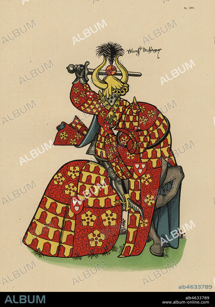 Pierre de Bauffremont, comte de Charny, seigneur de Montfort, 1400-1472. Chromolithograph from Loredan Larchey's Ancien Armorial Equestre de la Toison d'Or et de l'Europe au 15e siecle (Ancient Equestrian Armorials of the Order of the Golden Fleece and Europe in the 15th century), Paris, 1890. From illustrated manuscript 4790 in the Bibliotheque de l'Arsenal.