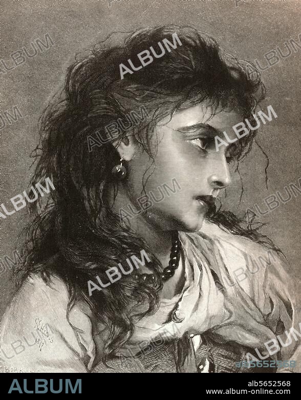 Ethnology:. Gypsies. "Gypsy girl". Steel engraving after painting, 1877, by George Elgar Hicks (born 1824).