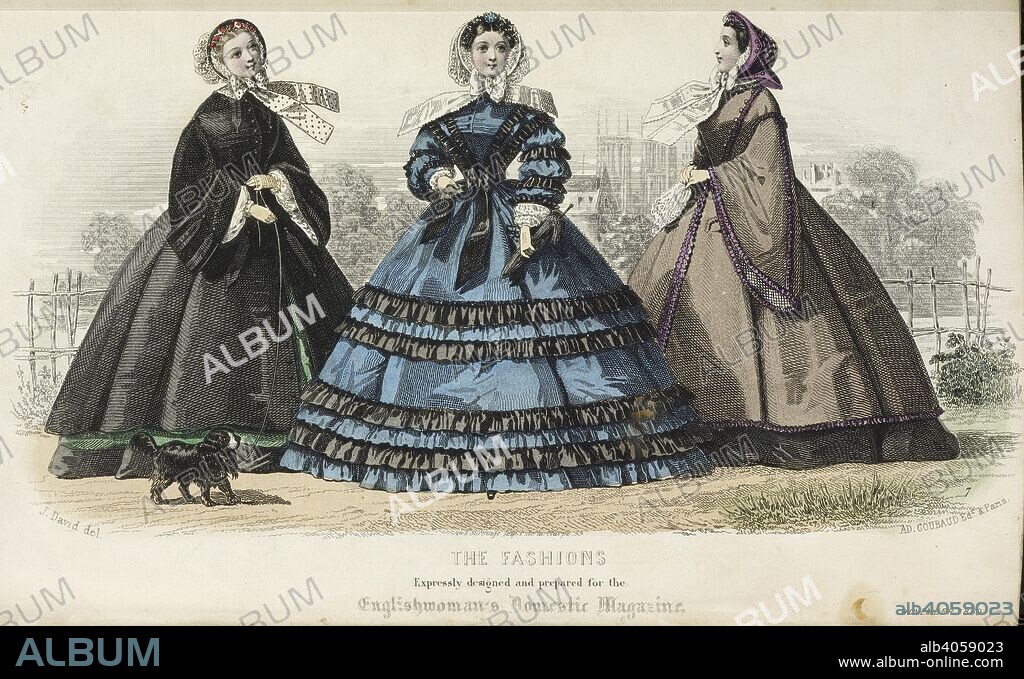 The fashions. Three women. One wearing a blue dress. Two wearing coats. . The Englishwoman's domestic magazine. London : S.O. Beeton, 1852-1879. Fashion. 19th century. Source: Cup.702.e.2 vol.1.2 after 208. Language: English.