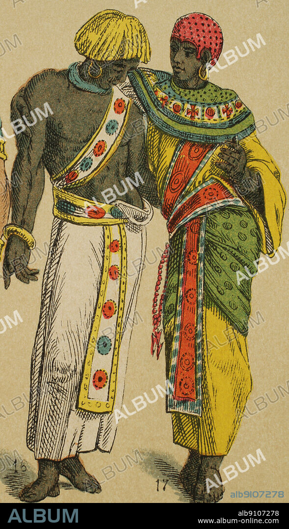 Antiguo Egipto. De izquierda a derecha; 16: trena estrecha y larga con bordados de varios colores, 17: gorra de noble. Cromolitografía. Historia Universal, por César Cantú. Tomo I, 1881.
