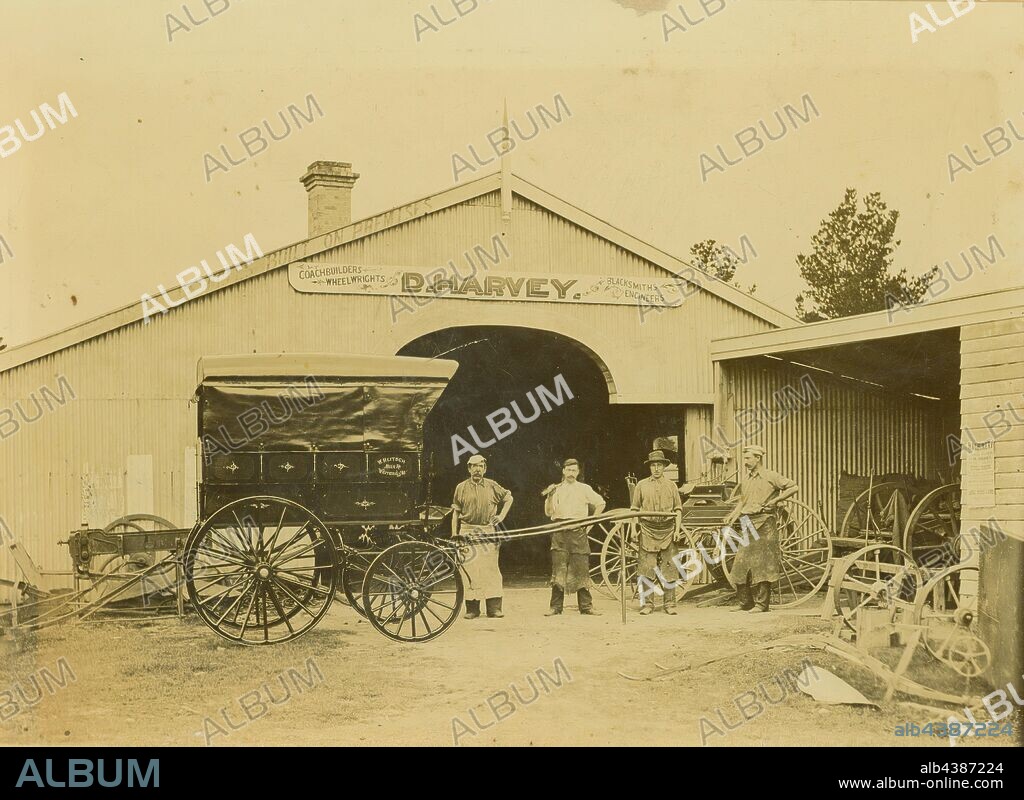 Photograph - Daniel Harvey, Horse Drawn Vehicle, circa 1915, Employees with horsedrawn vehicle outside the factory of Daniel Harvey, coachbuilders, Box Hill. Image is part of a collection of photographs, documents, company papers and trade literature relating to Daniel Harvey Pty. Ltd. agricultural implement manufacturer, Box Hill, Victoria.