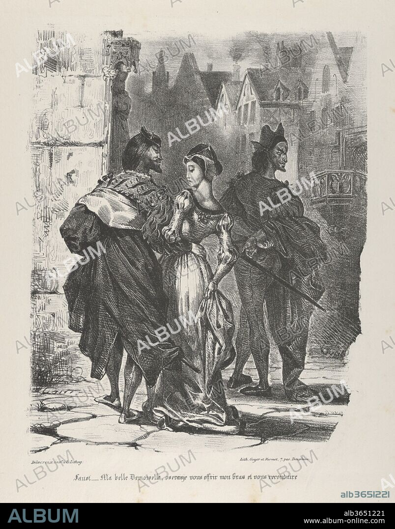 EUGENE DELACROIX. Faust Trying to Seduce Marguerite (Goethe, Faust). Artist: Eugène Delacroix (French, Charenton-Saint-Maurice 1798-1863 Paris). Dimensions: Sheet: 19 1/8 x 12 1/2 in. (48.5 x 31.8 cm)
Image: 11 1/4 x 8 1/8 in. (28.5 x 20.7 cm). Series/Portfolio: Faust. Date: 1825-27.
Faust, encountering Margaret in the street, addresses her: "Ma belle Demoiselle, oserais je vous offrir mon bras et vous reconduire chez vous?"  ["My lovely young lady, may I perhaps venture to give you my arm and be your escort home?"] Faust's advances are unsuccessfull. The young woman frees her arm and departs.