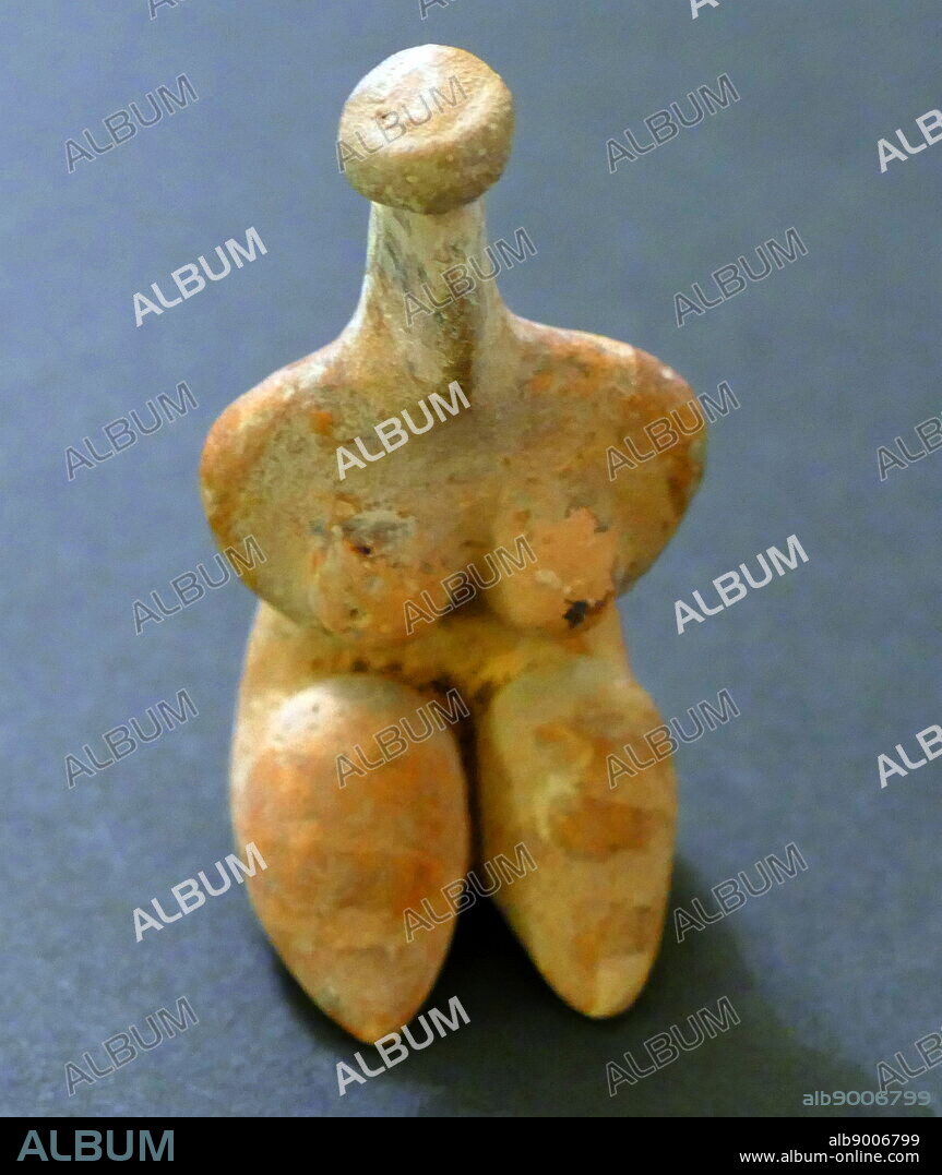 Tell Halaf, Clay Fertility Idol, circa 5,000 BC. Ancient Near East, Anatolia (central Turkey) and Northern Syria, Tell Halaf. The Halaf culture of Anatolia and ancient Syria came about in approximately 5000 BCE and created female figurines with particular fertility attributes that are displayed in this example. Note how the figure sits with upraised knees and legs extended, with both of her arms cradling and supporting her protruding breasts.