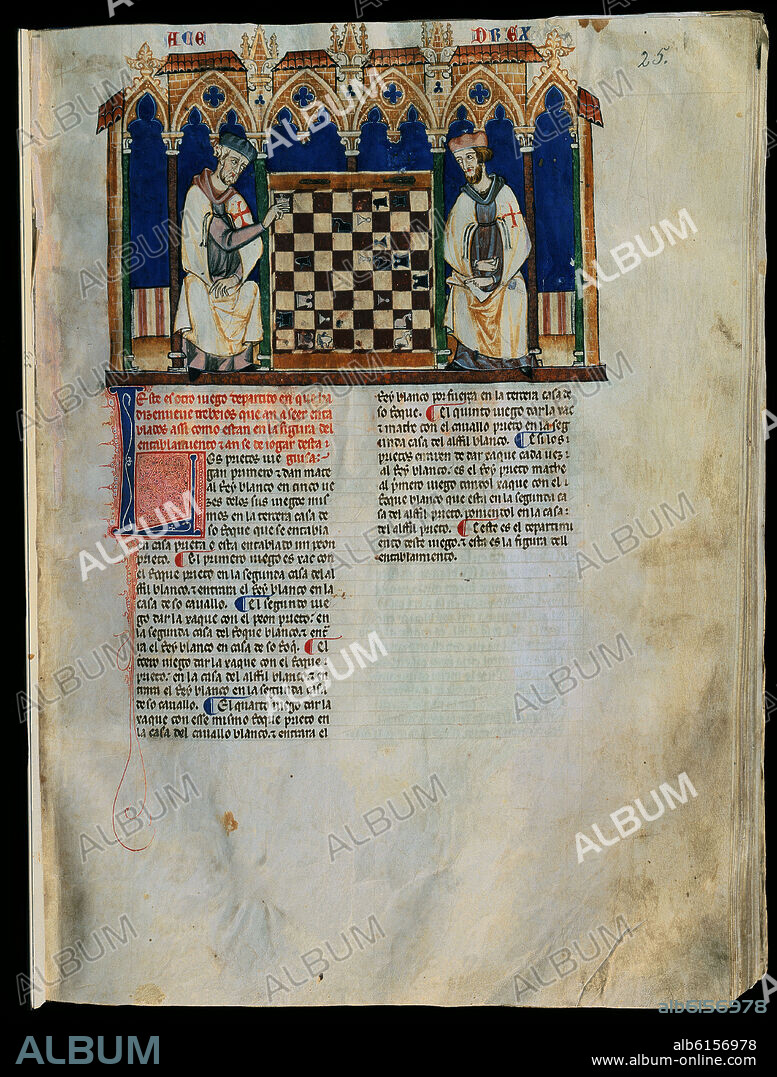 ALFONSO X DE CASTILLA EL SABIO. LIBRO DE JUEGOS O LIBRO DEL AJEDREZ DADOS Y TABLAS - 1283 - MS T.I 6 - FOLIO 25R - DOS TEMPLARIOS JUGANDO AL AJEDREZ - MANUSCRITO GOTICO.