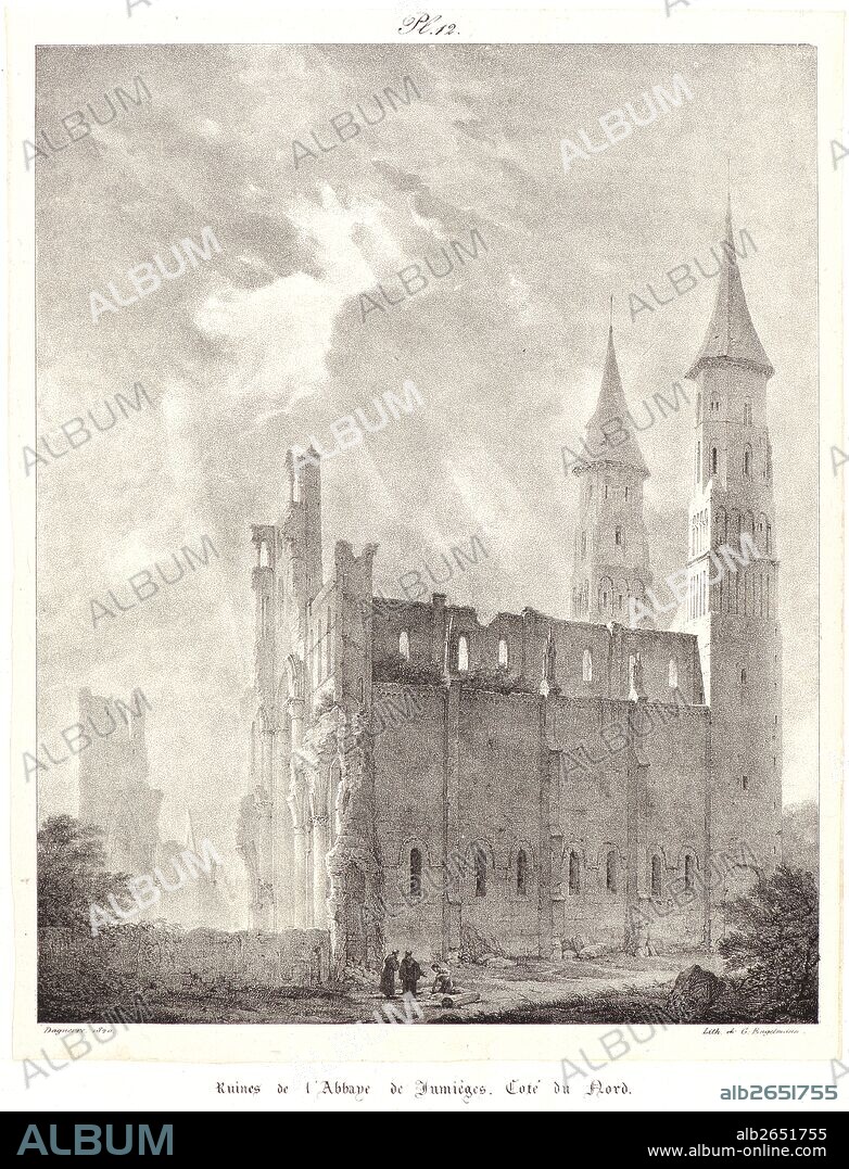 Louis Jacques Mandé Daguerre (French, 1787 - 1851). Ruines de l'Abbaye de Jumiège, 19th century. Lithograph.