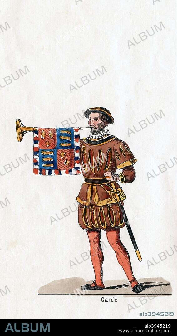 Guard, costume design for Shakespeare's play, Henry VIII, 19th century. A 19th-century costume design, showing a guard in slashed hose blowing a trumpet, for William Shakespeare's (1564-1616) play, Henry VIII.