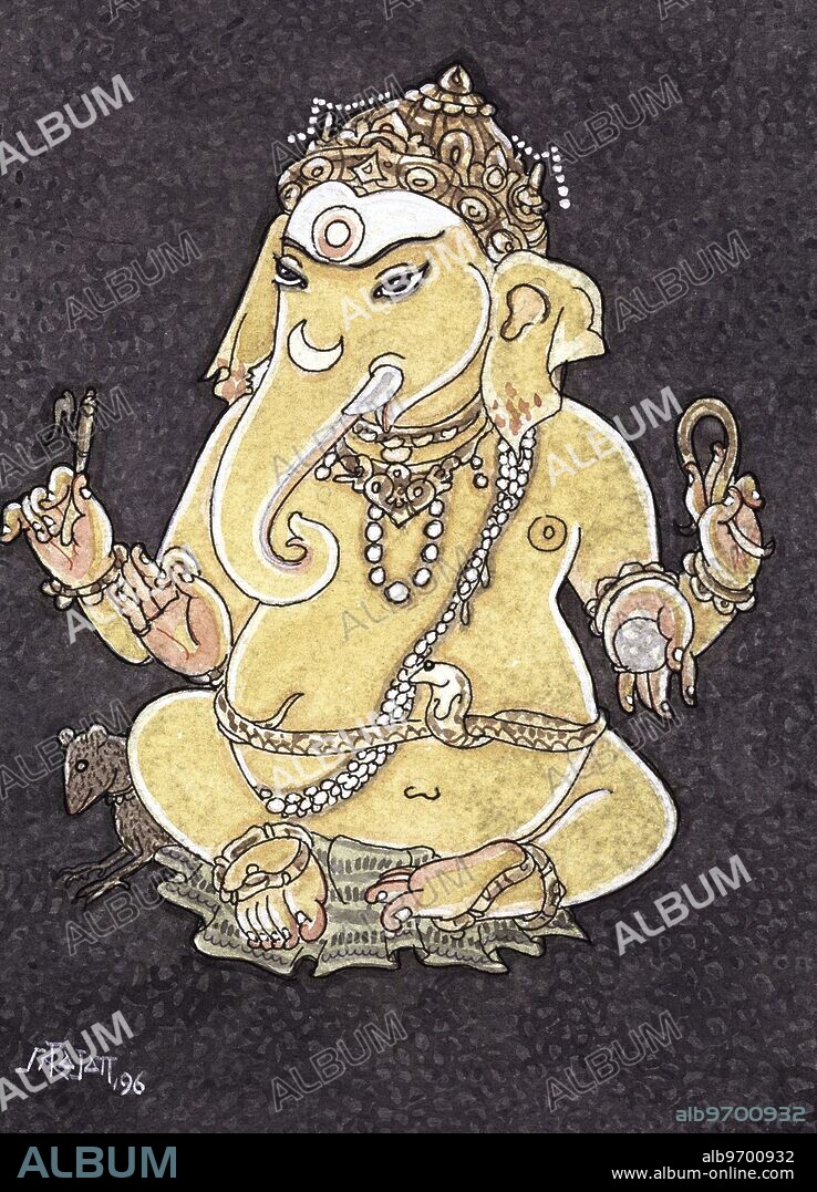 India: Ganeshas - Hindu belief - Hindu - Hinduism - art - Artist S. Rajam - Himalayan Academy art - golden Ganesh - Ganesh - mushika - Ganesha - God - India - Indian art - Hindu art - religion - Hindu religion - Lord of Obstacles.