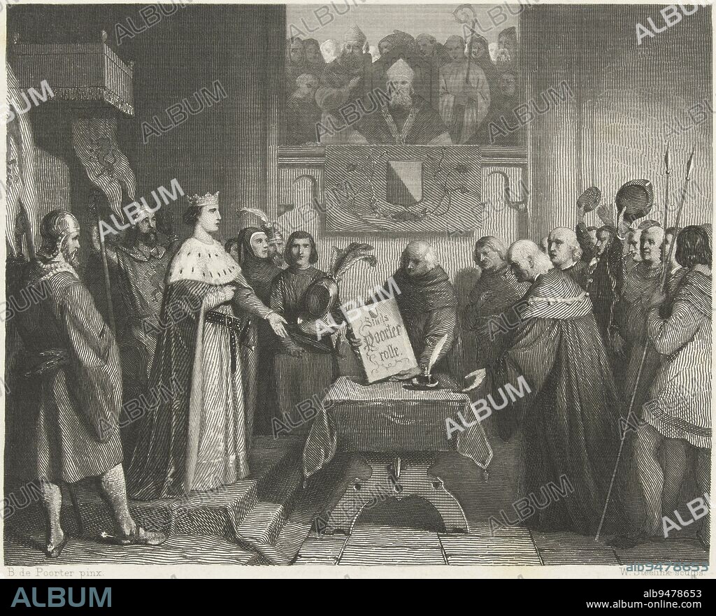 William II, Count of Holland, registers as a bishop in Utrecht in 1249. From a window, the Bishop of Utrecht looks on, William of Holland registering as a bishop in Utrecht, 1249., print maker: Willem Steelink (I), (mentioned on object), after: Bastiaan de Poorter, (mentioned on object), Netherlands, 1865 - 1870, paper, steel engraving, h 188 mm × w 240 mm.