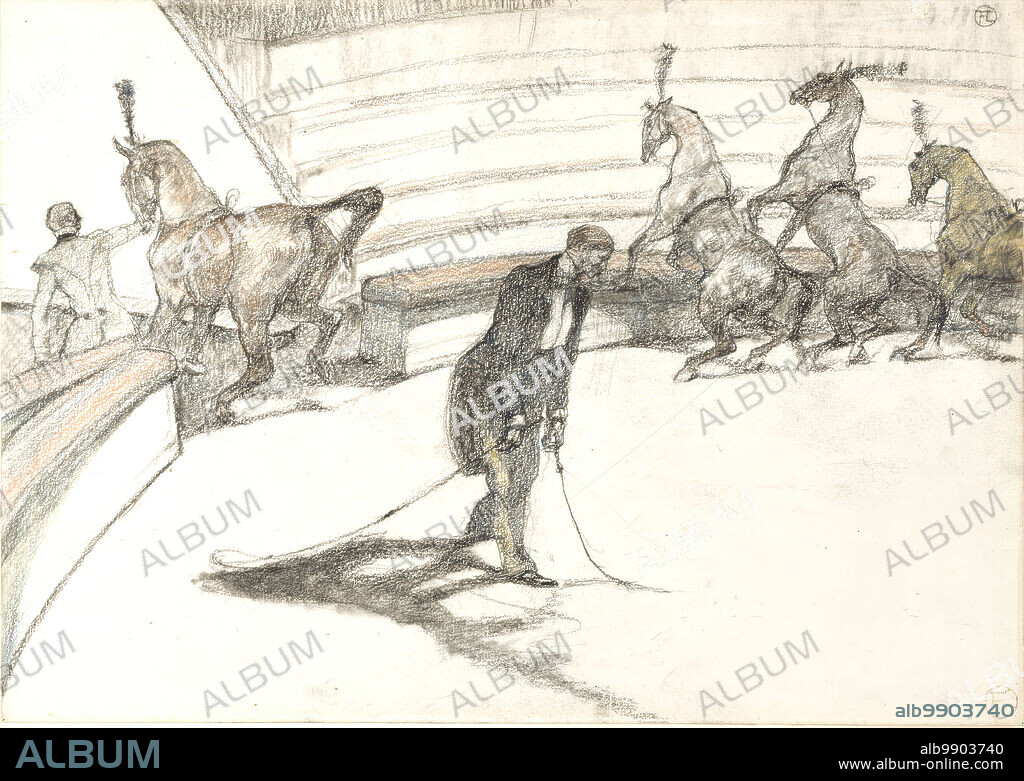 HENRI DE TOULOUSE-LAUTREC. At the Circus: Free Horses, 1899. This drawing is one of 39 sheets the artist made in the spring of 1899 while he was in a mental hospital in Neuilly being treated for alcoholism. While it is popularly held that the series was done entirely from memory as a demonstration that Toulouse-Lautrec had regained his mental faculties, Perussaux suggested that the artist may very well have been allowed out of the hospital with a companion to visit the Molier circus, which is known to have been held nearby during his stay there (New York, 1953: 2). This theory is supported by the conspicuous absence from some of the drawings of an audience, suggesting that the artist may have been sketching during rehearsals. All of his earlier depictions of the circus, e.g., "In the Cirque Fernando: The Ringmaster," 1888 (The Art Institute of Chicago), show spectators; indeed, the artist's examination of spectatorship as a bourgeois activity at the theater, café-concerts, or dance halls is a hallmark of modernity.