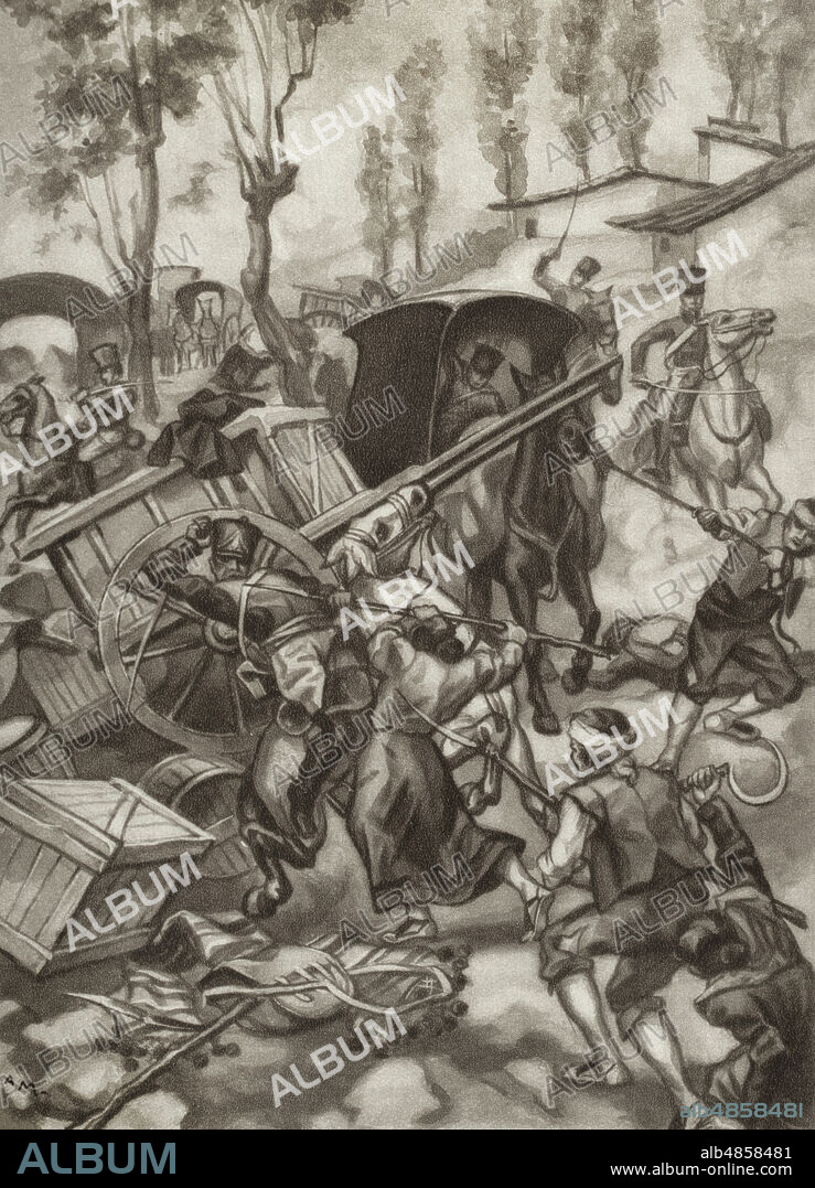 Peninsular War (1808-1814). Guerrilla fighters in the Aragonese Iberian Mountain ranges. Assault of a French convoy on its way to Teruel, 1810. "...the people of Cella came and threw themselves upon them..." Los guerrilleros de 1808. Historia popular de la Guerra de la Independencia, by Enrique Rodríguez-Solís. Volume I. Published in Madrid, 1930.