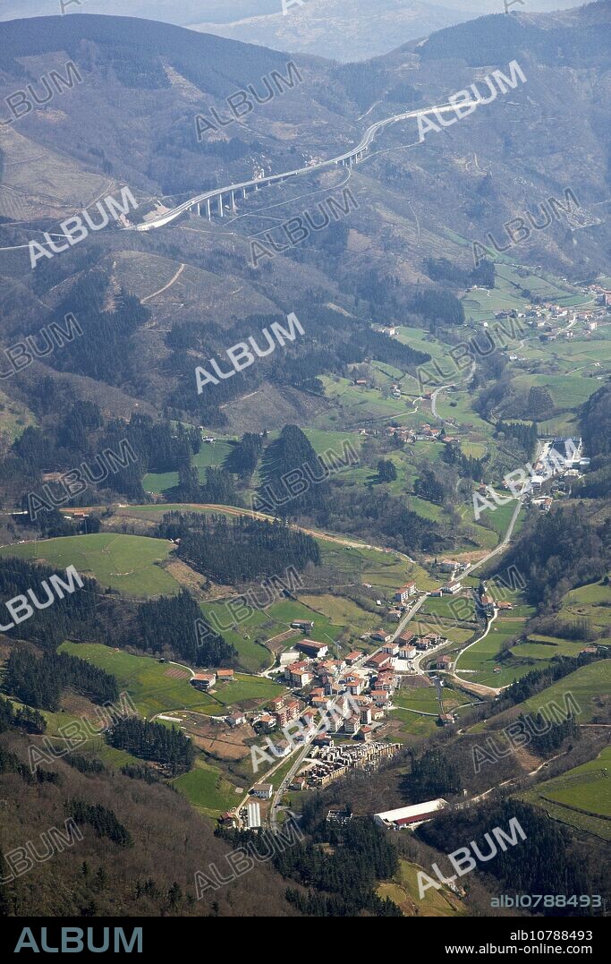 Beotibar, Berrobi and Eldua, Autovia de Leitzaran (freeway) in background, Gipuzkoa, Basque Country, Spain.