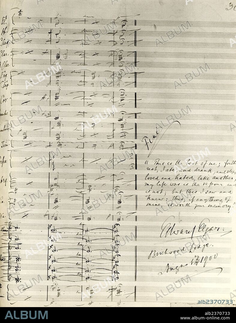 Edward Elgar's handwritten score of the last page of 'The Dream of Gerontius', with Ruskin quotation: "This is the best of me…", signed "Birchwood Lodge, August 3, 1900".      English composer (1857-1934).