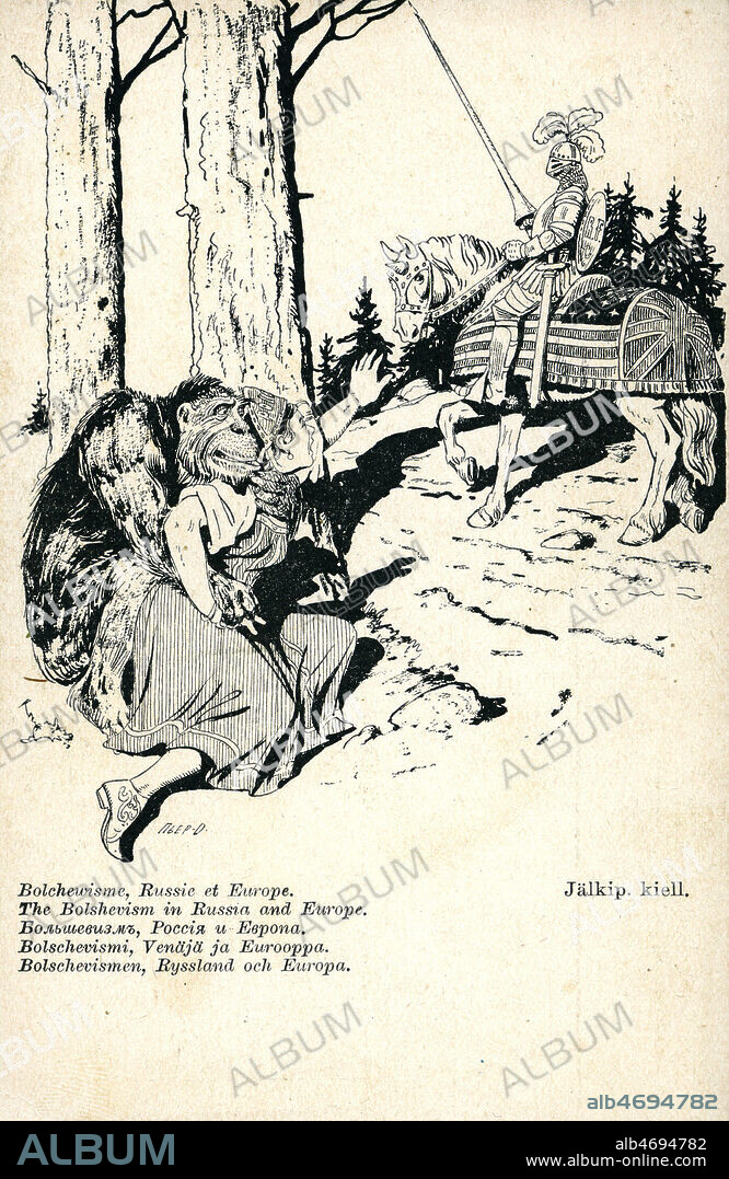 'Le bolchevisme en Russie et en Europe' : un grand singe kidnappe la Pologne qui ne peut etre sauvee par le chevalier franco - anglo - americain. Caricature a propos de la guerre russo polonaise ou guerre sovieto polonaise. Carte postale vers 1920. Credit : IM/KHARBINE-TAPABOR.