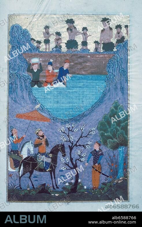 Persische Miniatur, 15. Jahrhundert.-Iskandar (Alexander der Große) errichtet eine Mauer gegen die Völker Yadschudsch und Madschusch (Gog und Magog).-/ Illustration zum Chamse (Fünf Epen) des persischindischen Dichters Amir Khusro (1253-1325). Aus der Anthologie von 1407. Gouache auf Papier. Hazine 796.