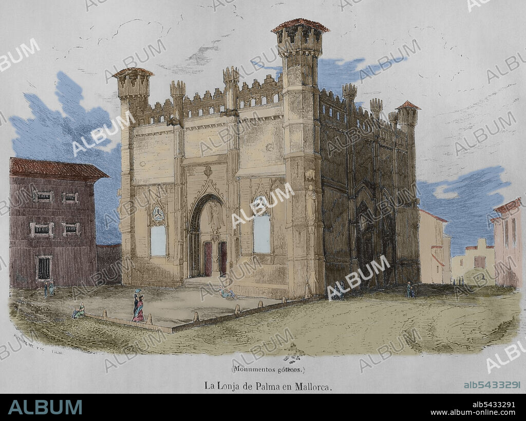 España. Islas Baleares. Mallorca. La Lonja de Palma de Mallorca o Sa Llotja. Edificio gótico construido por Guillem Sagrera en 1426. Grabado coloreado. Las Glorias Nacionales. Tomo IV. Edición Madrid-Barcelona, 1853.