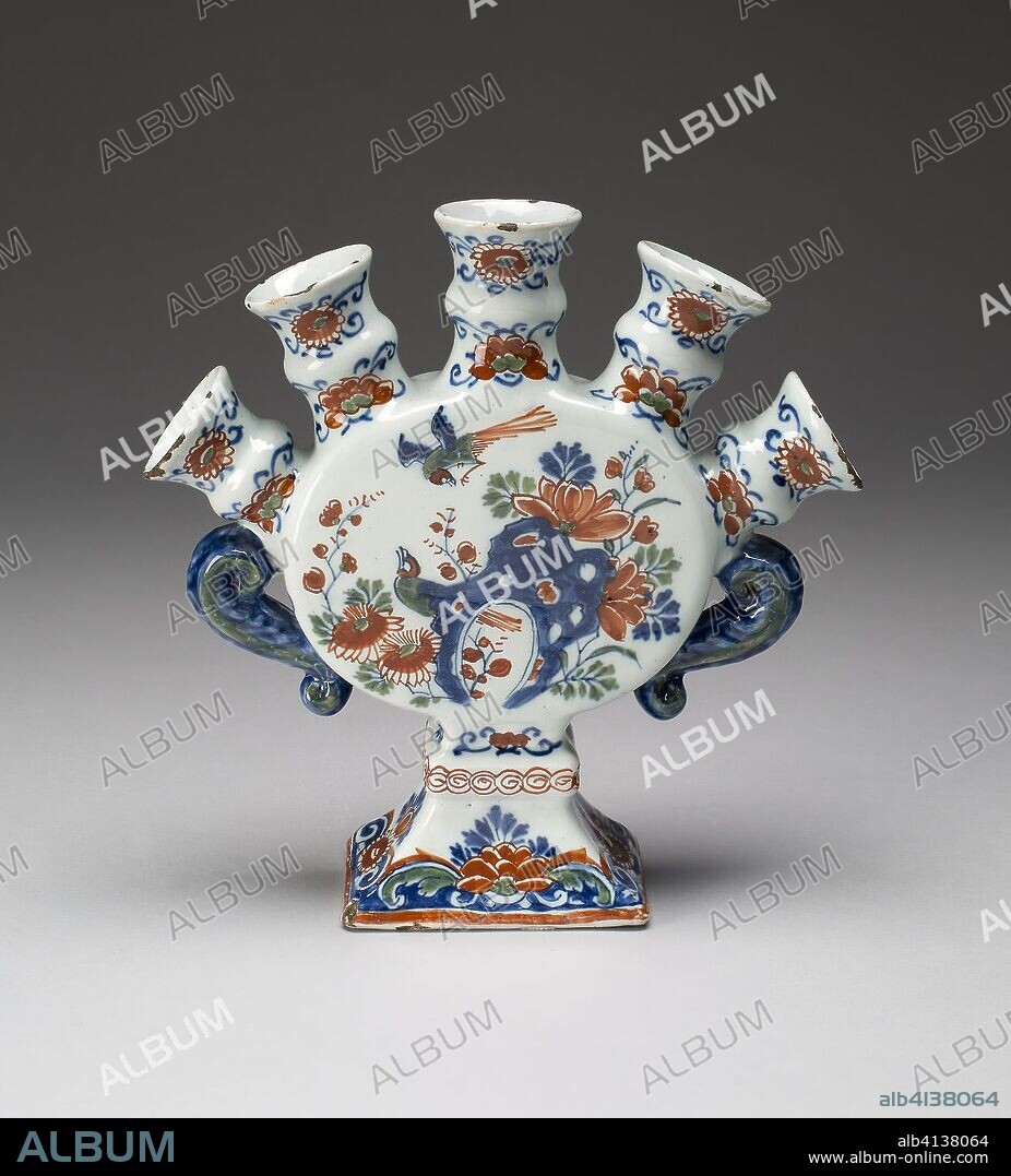 Flower Vase (one of a pair). Netherlands, Delft; Adriaan Pynacher; Dutch, 1622-1673. Date: 1700-1725. Dimensions: 17.8 × 17.8 × 5.1 cm (7 × 7 × 2 in.). Tin-glazed earthenware (Delftware). Origin: Delft.