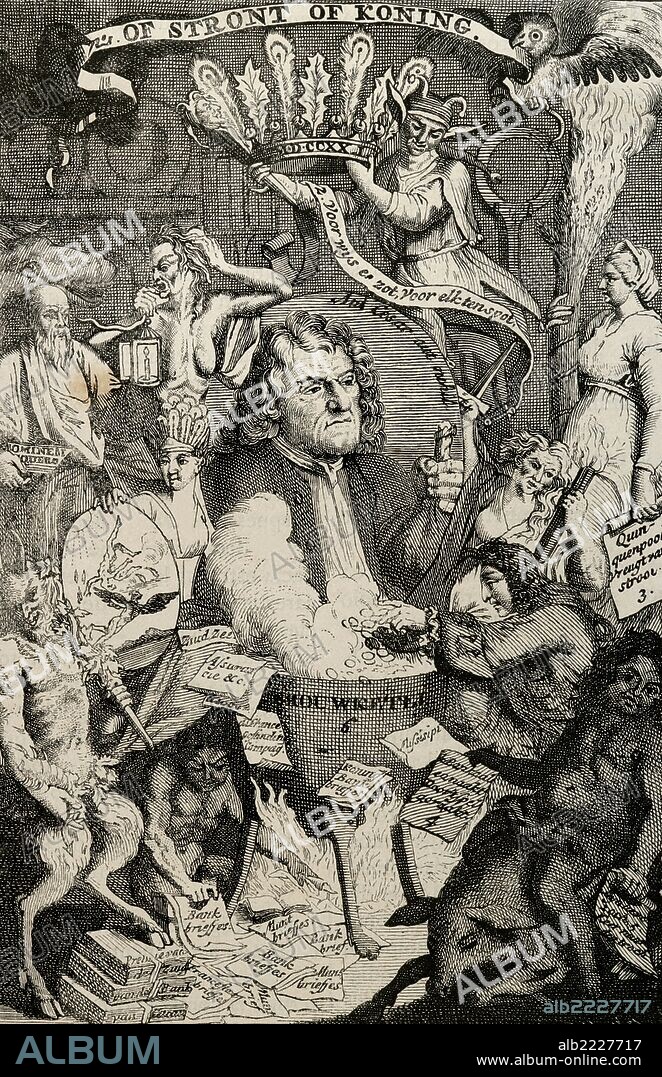 LAW, John (Edimburgo, 1671-Venecia, 1729). Financiero y economista escocés. En el año 1715 obtuvo el permiso para crear la "Banque Generale" en París, el primer banco fundado en Francia, y para la fabricación de papel moneda. Grabado satírico holandés.