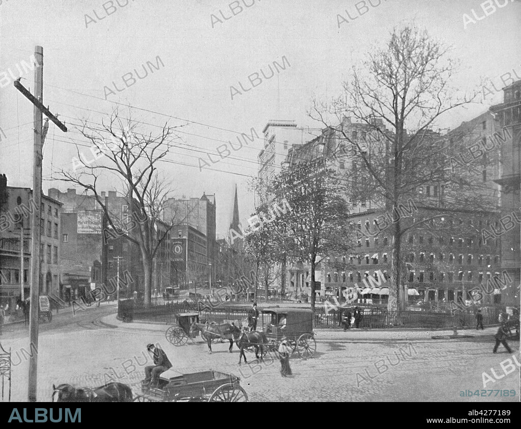 'Bowling Green, New York', c1897. A small public park in the Financial District of Lower Manhattan, New York City, From "A Tour Through the New World America", by Prof. Geo. R. Cromwell. [C. N. Greig & Co., London, c1897].