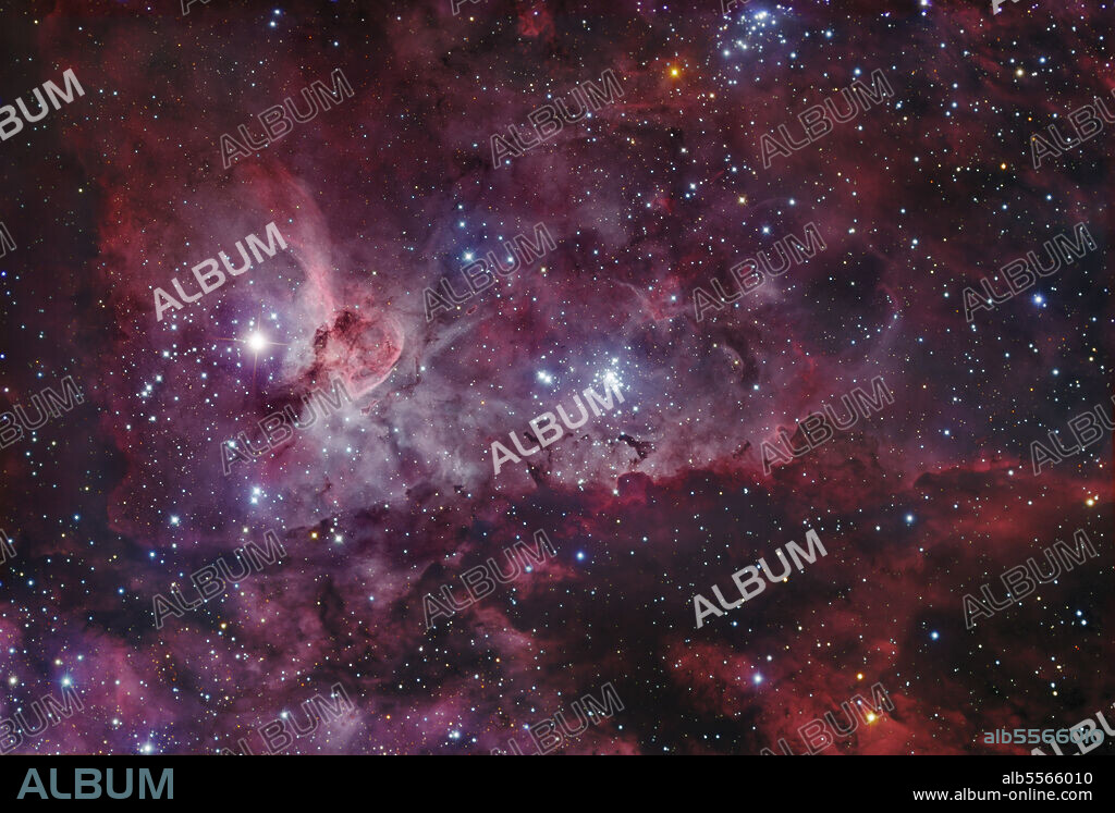 NGC 3372, The Eta Carinae Nebula. Eta Carinae is the centerpiece and ionizing star of the great HII region, the Eta Carinae Nebula. The nebula itself spans some 260 light years across, about 7 times the size of the Orion Nebula. Massive is an understatement as the great star weighs in at some 100 to 150 solar masses and shines with the light output of 5 million suns. As one of the most massive stars known, Eta Carinae pushes the theoretical limits on energy output of stars and has attracted much interest among astronomers trying to understand the physics of supermassive stars.