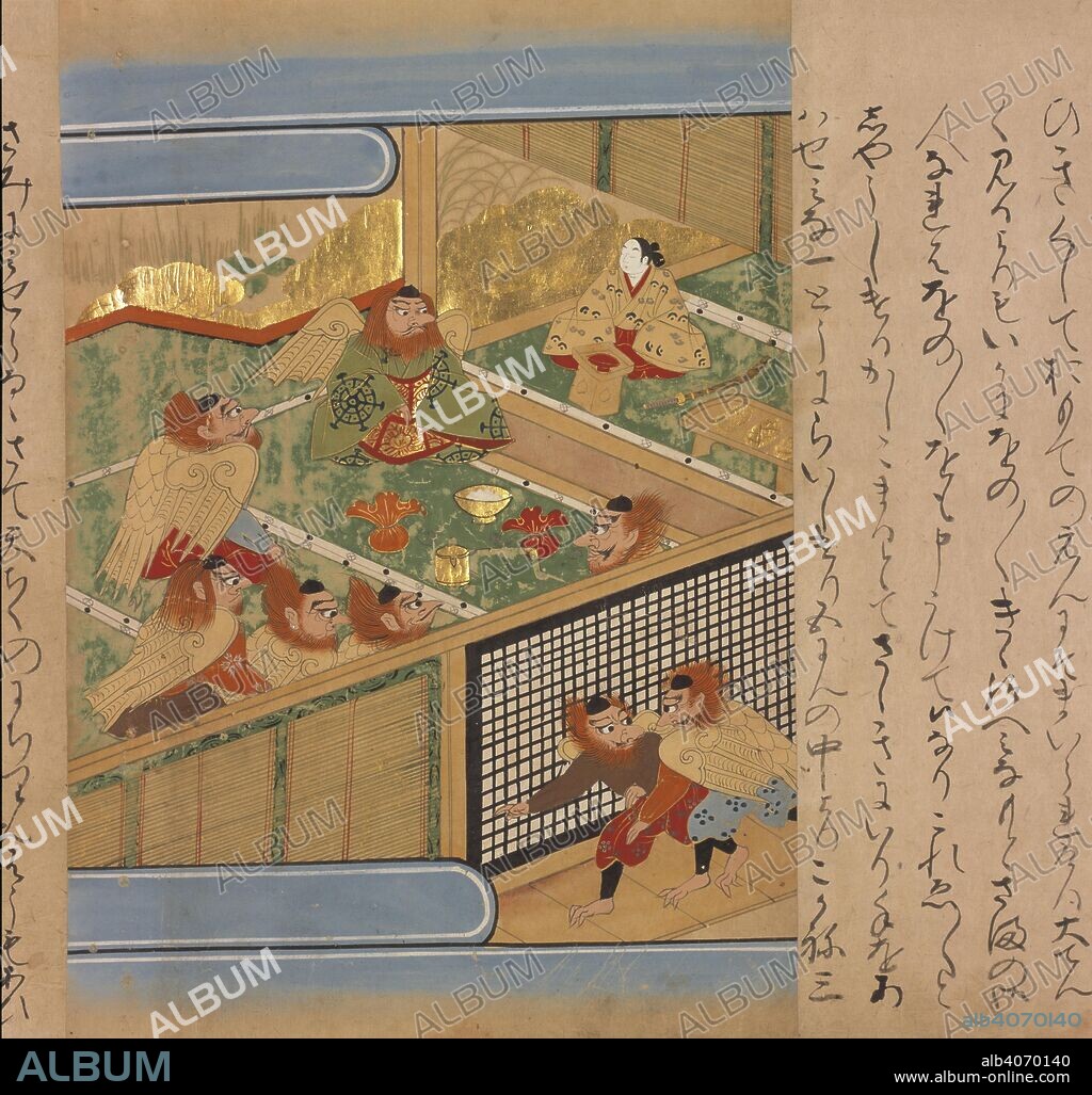 Yoshitsune with goblins. Tengu no dairi emaki ('The Palace of the Long-Nose. end of Muromachi period (1560-1600). An illustrated Japanese manuscript in 2 rolls, telling the story of the young Minamoto Yoshitsune and of his visit to the court of Tengu (long-nosed goblins) in the mountains.  Image taken from Tengu no dairi emaki ('The Palace of the Long-Nosed Goblins').  Originally published/produced in end of Muromachi period (1560-1600). . Source: Or. 13839 volume 1,. Language: Japanese.