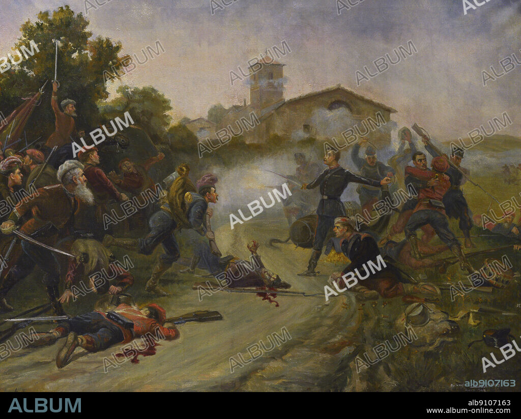 AURELIO VERA-FAJARDO PICATOSTE (1884-1946). SPANISH PAINTER.. History of Spain. Third Carlist War (1872-1876). Defence of a convoy in Alpens (9 July 1873). Glorious death of the corps officer Vicente Reina Lopez. Alpens (province of Barcelona, Osona, Catalonia). The quartermaster Vicente Reina was on mission to defend a money cart convoy. His troops were surprised by Carlist forces superior in numbers. A firefight and hand-to-hand combat ensued. Vicente Reina, surrounded by the enemy, arrogantly challenged him with only his sabre. Meanwhile, his few soldiers, fighting with rifles. Oil on canvas by Aurelio Vera-Fajardo (1884-1946), 1943. Copy of Victor Morelli's original. Army Museum. Toledo, Spain.